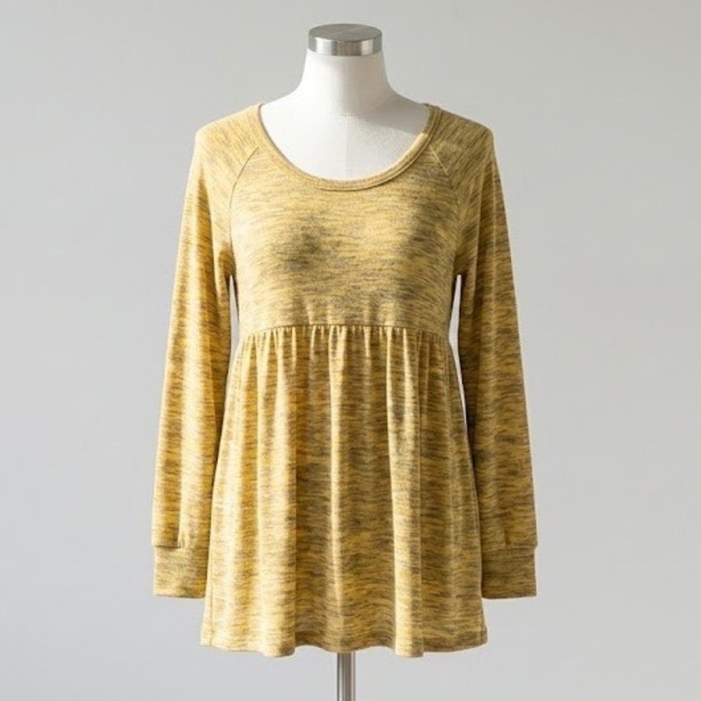 True Craft Womens Babydoll Flowy Yellow Grey Marl Knit Long Sleeve Top Size M